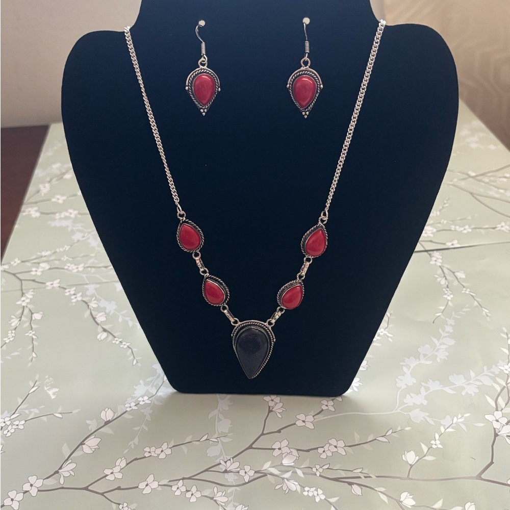 Blue sunstone coral necklace and earrings stamped
